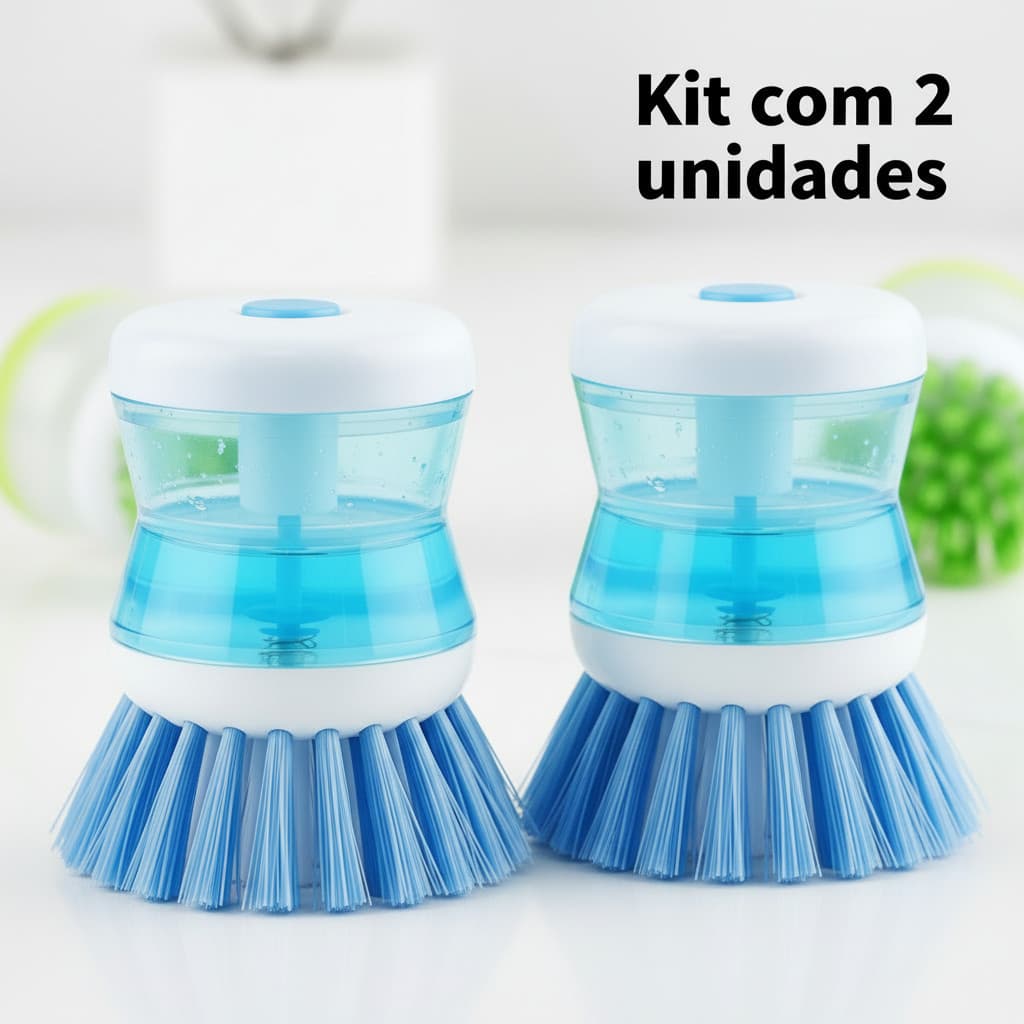 Kit 2 Escovas Louças com Recipiente 8,5CM Limpeza Multiuso Dispenser Detergente Não Risca Dosador Cozinha
