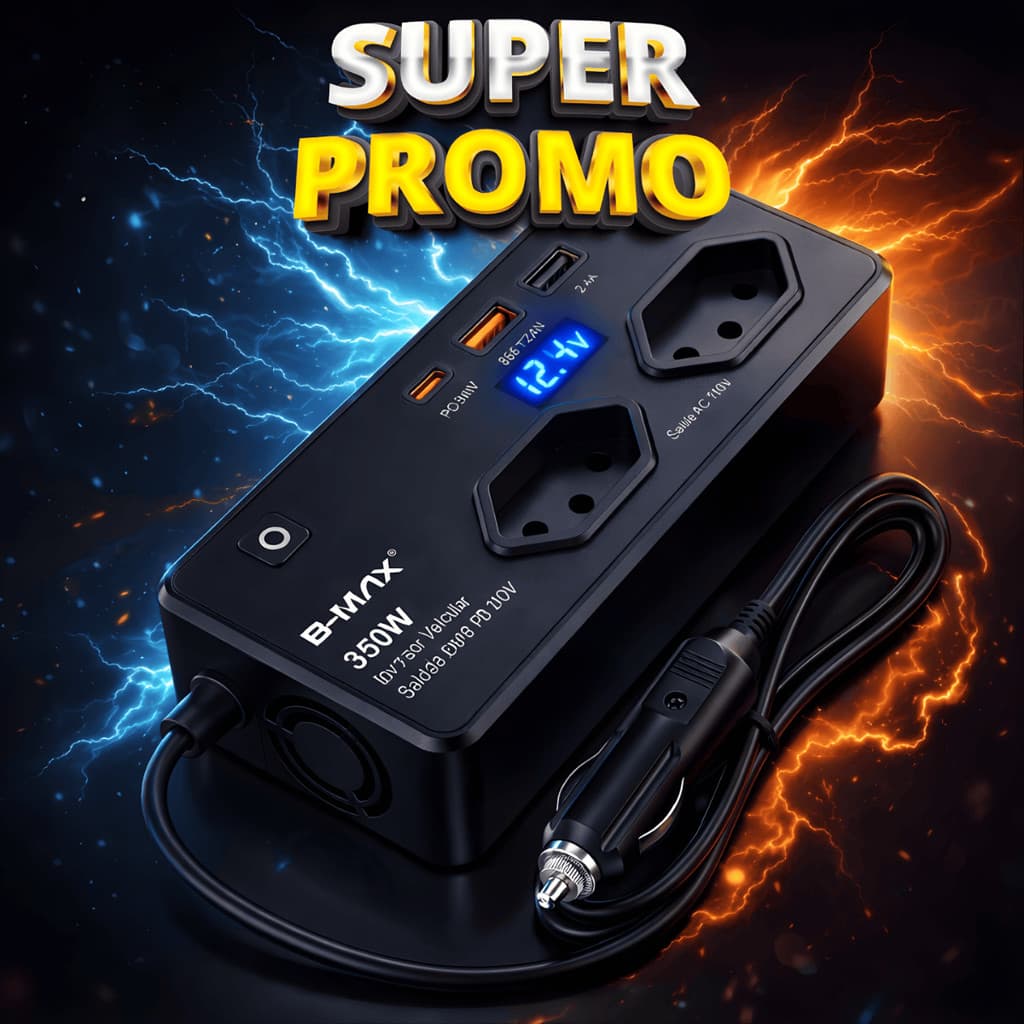 Conversor de Energia Veicular Potente Bmax com 4 Portas USB 350W 12V para Tomada 110V