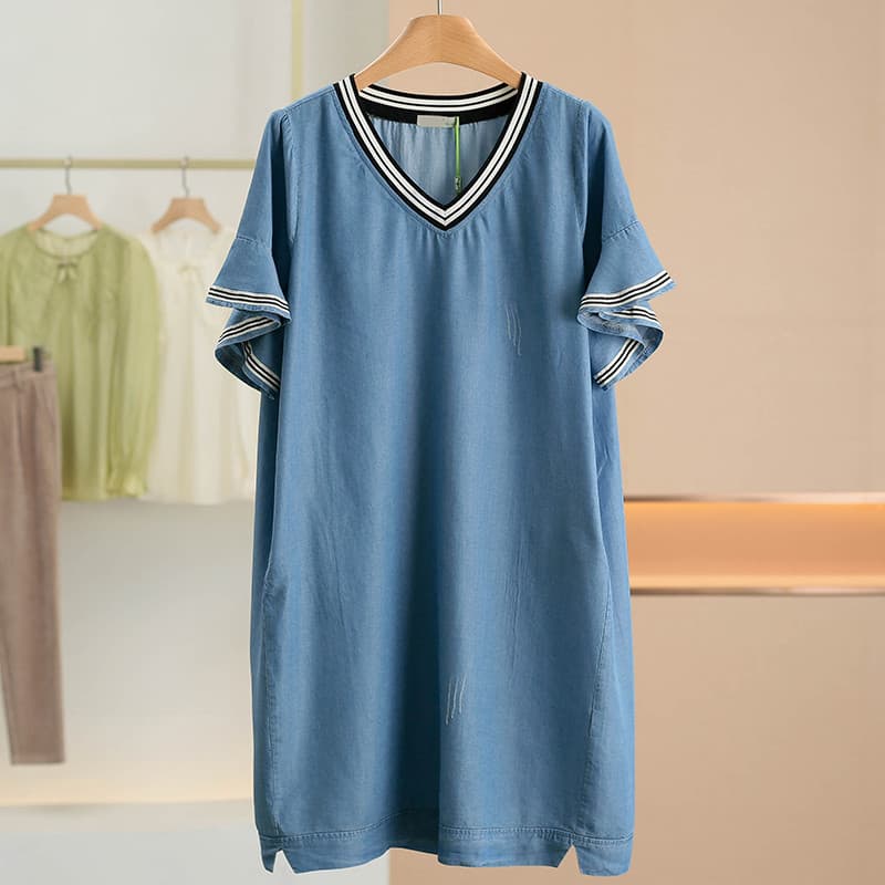 Roupa de maternidade [pendurado * amor M] vestido jeans listrado com decote em V e manga larga ~ 25 verão novo estilo ro