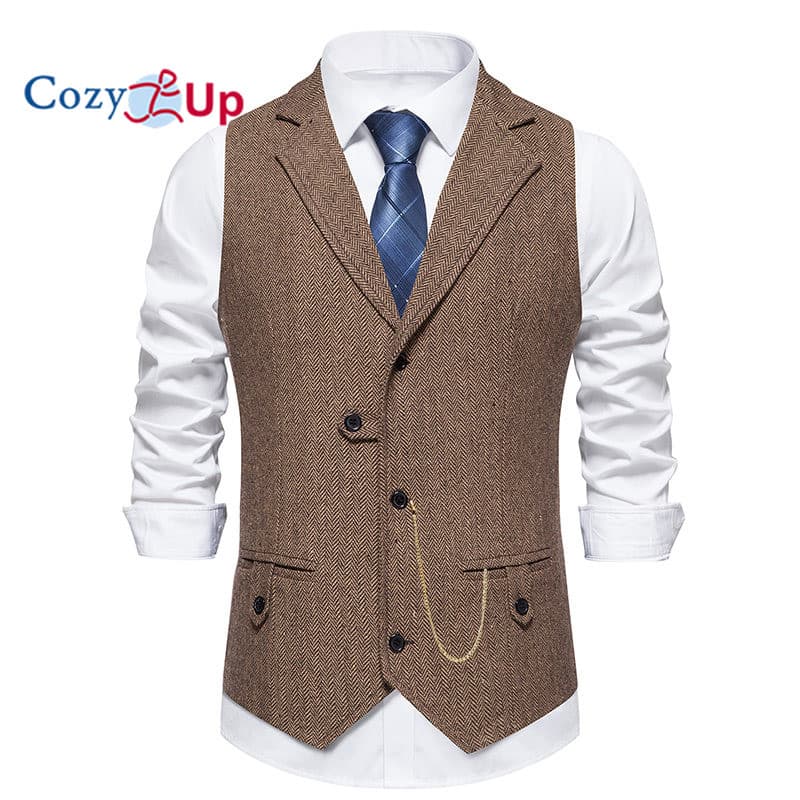 Colete Masculino Vintage De Tweed Espinha De Peixe Aconchegante Tamanho Americano – Formal Com Lapela Entalhada E Peito 