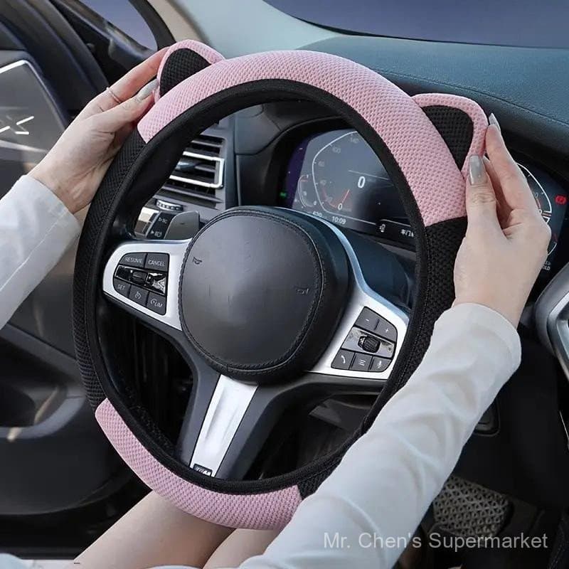 Capa para volante de carro com orelhas de desenho animado, antiderrapante, adequada para vários modelos de carro.