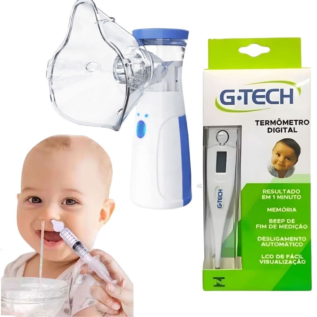 Kit Nebulizador inalador mesh + Termômetro G-Tech + 2 Seringas Lavagem Nasal