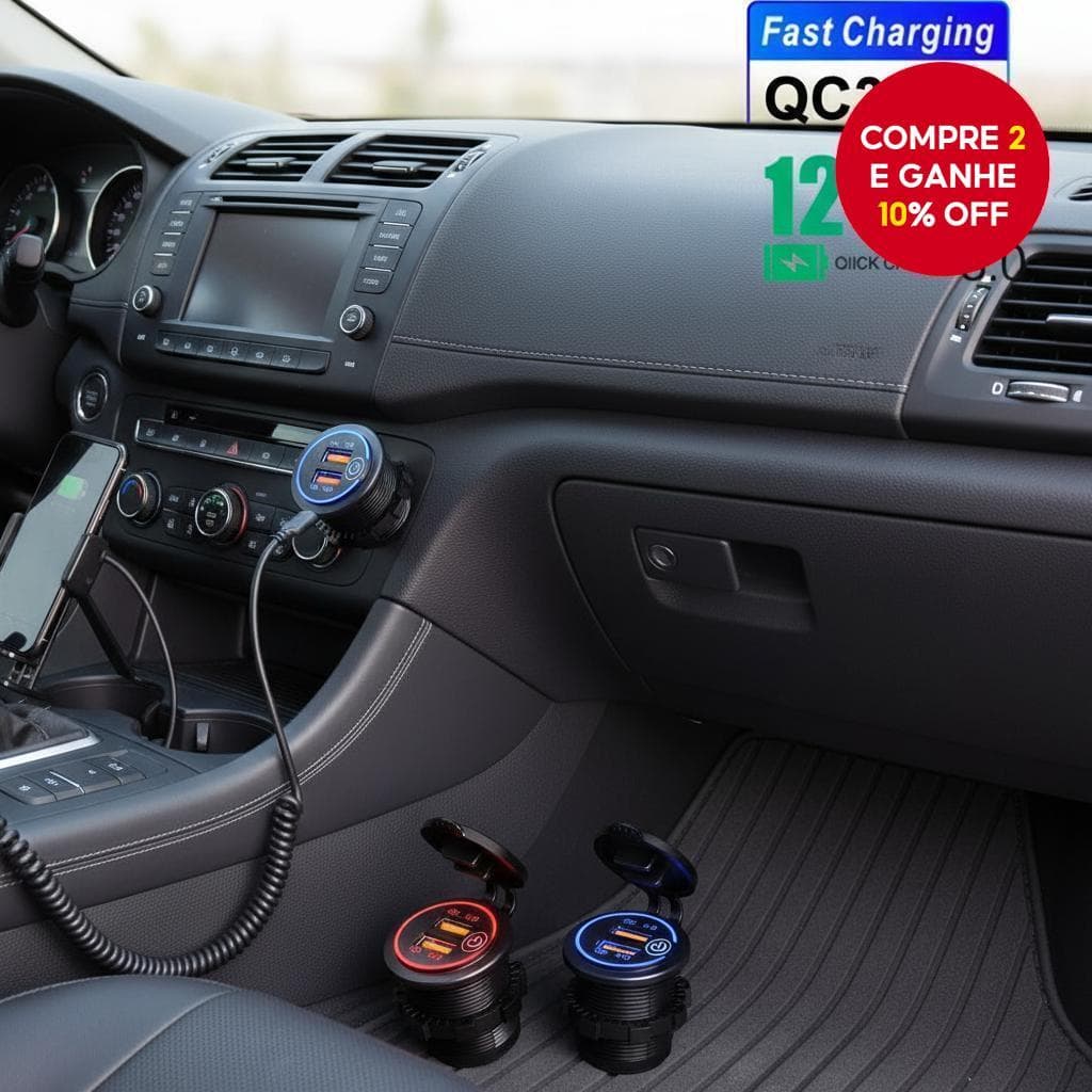  Carregador USB QC 3.0 Dual à prova d'água para motocicletas 12/24V com porta de carga rápida e interruptor