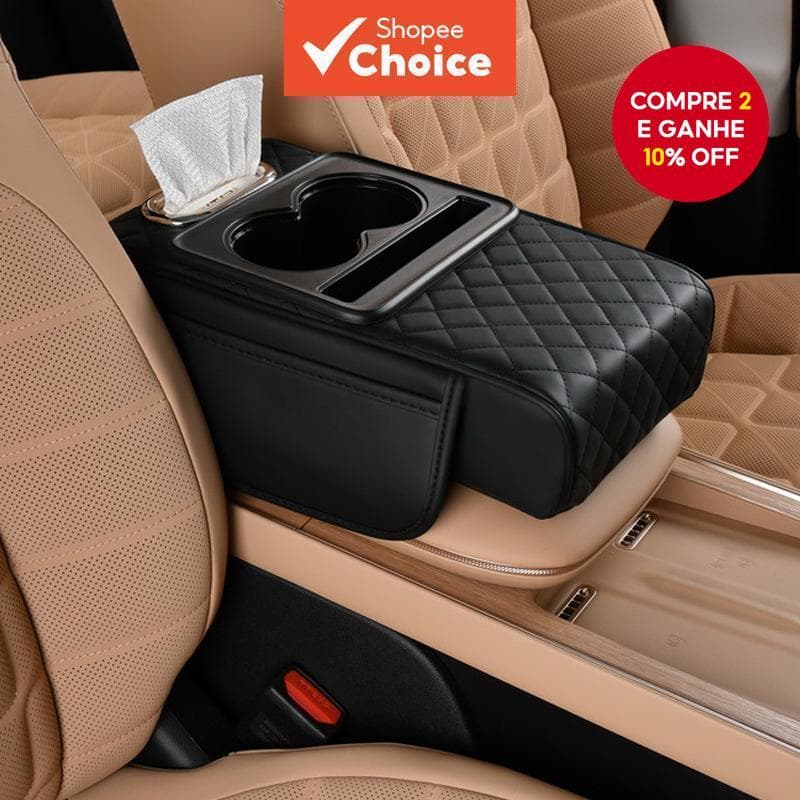  Almofada de Altura para Caixa de Apoio de Braço de Carro Multifuncional com Porta-Copos e Porta-Lenços