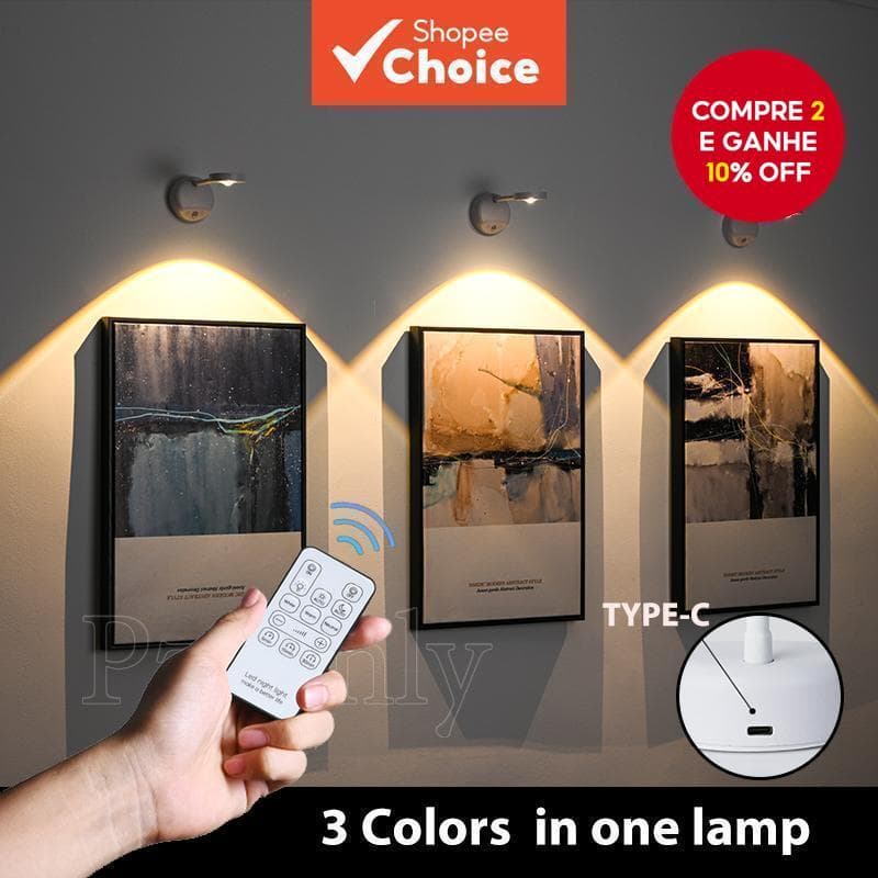 Luz Noturna Com Sensor De Movimento LED Controle Remoto 3 Cores Sem Fio USB Recarregável Branco