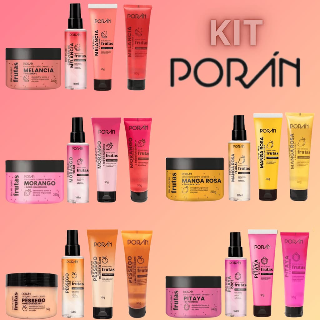 Kit Poran Skincare Corpo e Rosto Banho Premium Completo - Esfoliante + Hidratante + Sabonete + Body Splash