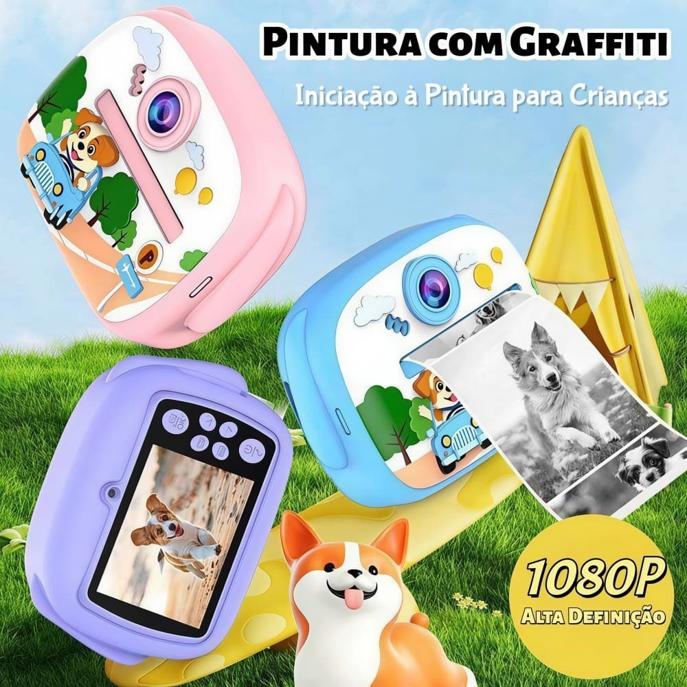 Câmera Digital Térmica Infantil 32GB | Impressão Instantânea Colorida 1080P Pintura de Graffiti Câmera Dupla com Jogos