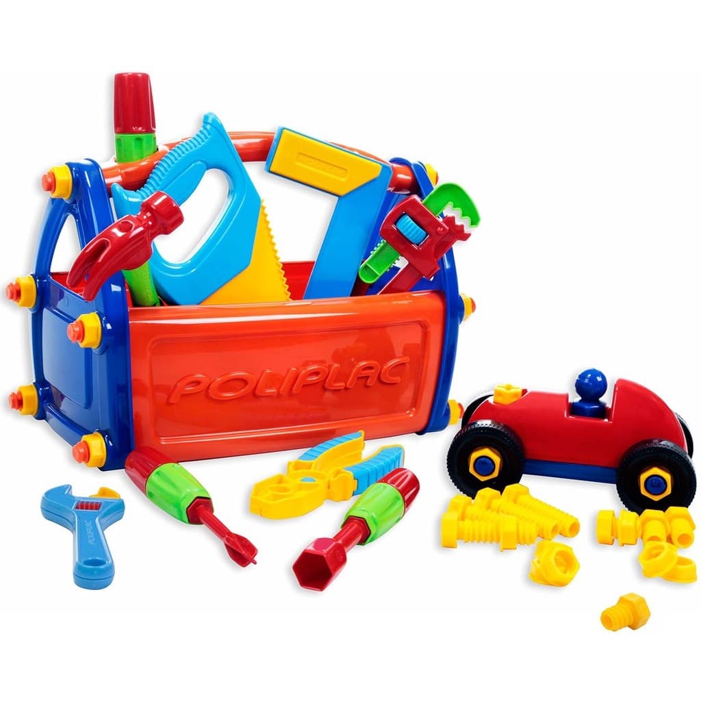 Caixa Ferramentas Infantil Poliplac 21 Peças com Carrinho +Trator/Retroescavadeira/Avião Didáticos