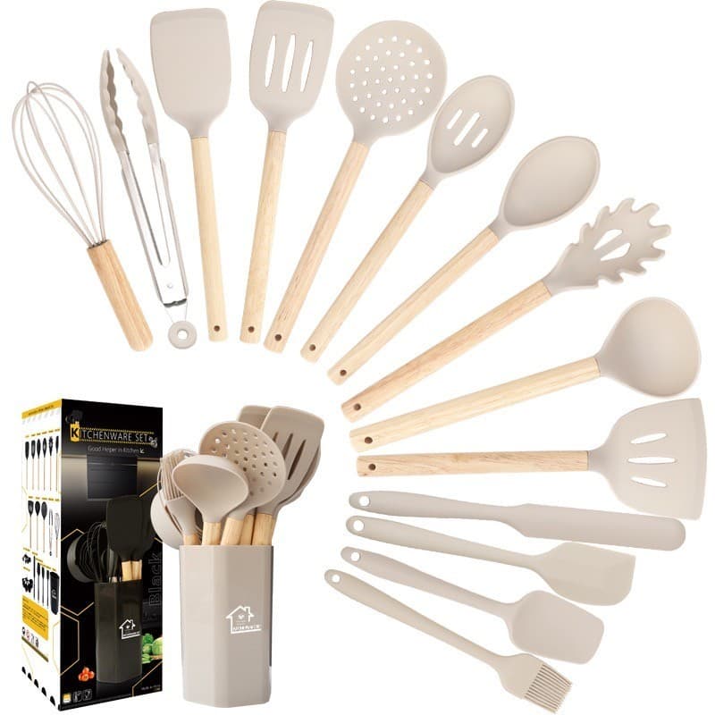 Jogo De Cozinha Kit C/11 ou C/15/ Peças De Premium Silicone Utensílios E Copo Suporte Para Cabo De Madeira
