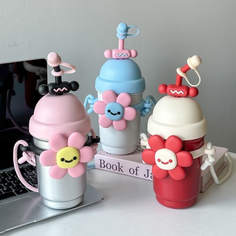 Copo Térmico Infantil com Alça e Canudo Margarida Flor 700ml Garrafa criancas