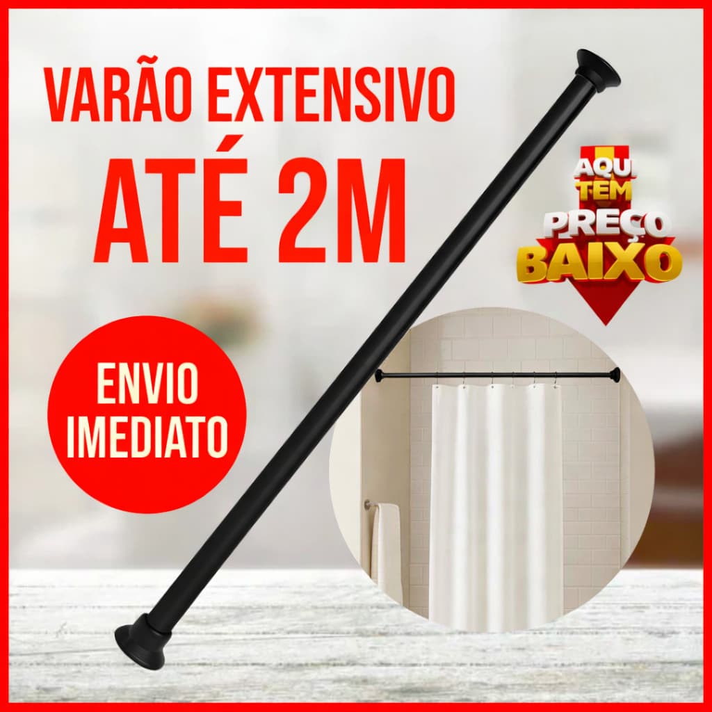 Varão Extensível Ajustável 60 a 90cm, 90 a 1,40 e 1,40 a 2m - Cortina Box e Cabides – Cores Variadas