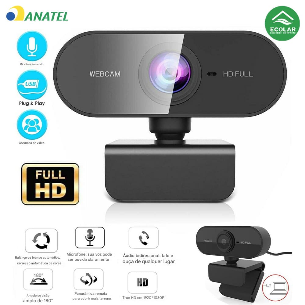 Câmera para Home Office Full HD 1080p com Microfone Rotação 360° Ajuste Livre Compatível com PC e Notebook