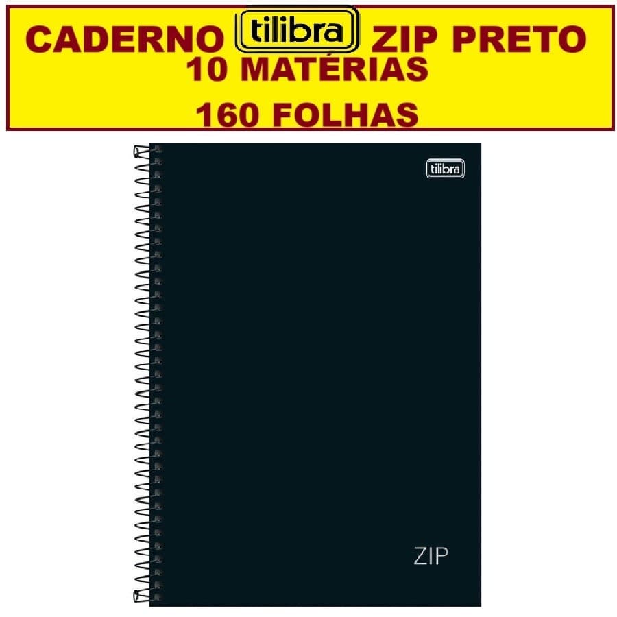 Caderno Tilibra 10 Matérias 160 Folhas Escolar zip Capa Dura Preto capa preta Modelo