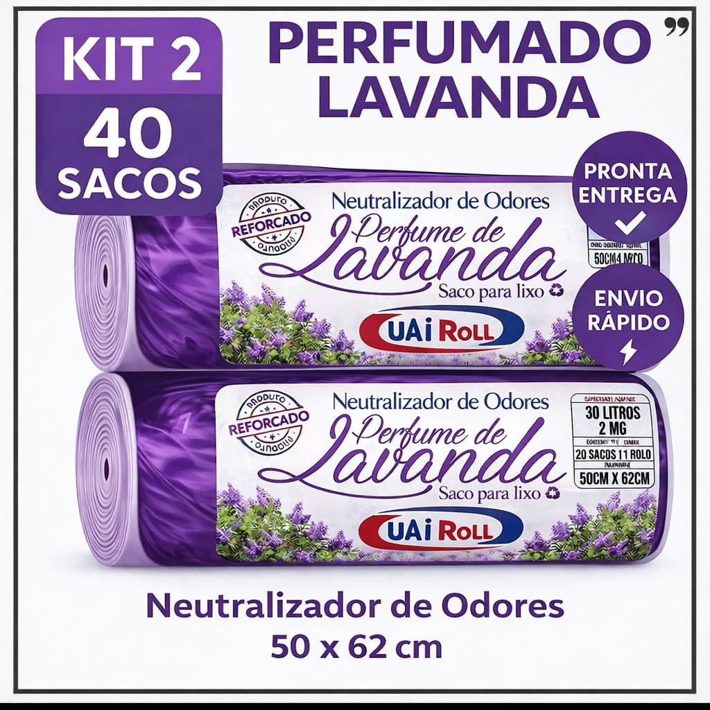 Saco De Lixo Kit 2 Rollos 40 Unidades 30 Litros Reforçado Resistente Perfumado Lavanda