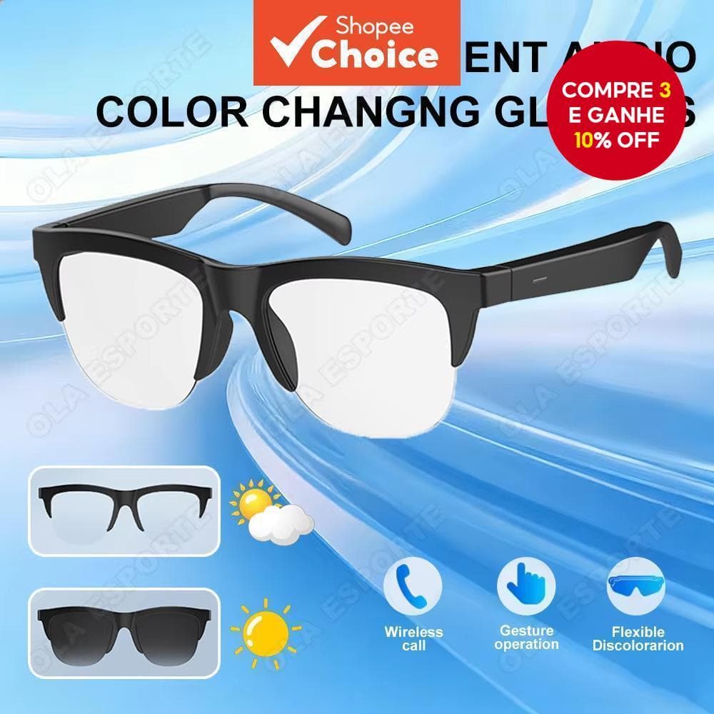  Óculos Inteligentes com Assistente de Voz AI, Fones de Ouvido Bluetooth, Música, Chamadas Sem Fio, Lentes de Sol