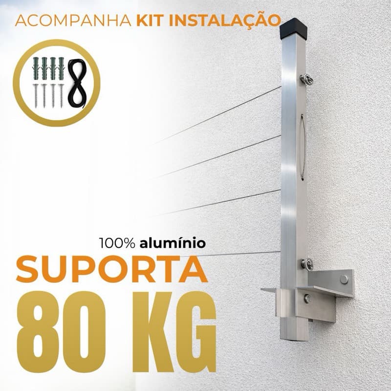 Varal Retrátil 5 cordas suporta até 80kg de Alumínio