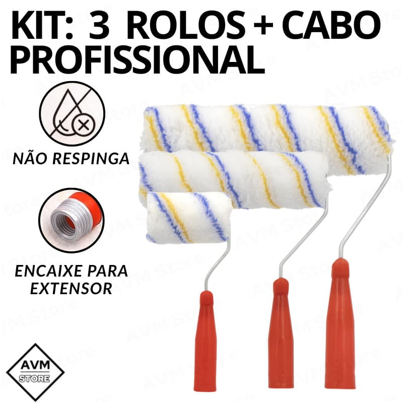 Kit Rolo de Pintura Antirrespingo Lã Profissional 25cm + Cabo Ergonômico Premium Tinta Parede