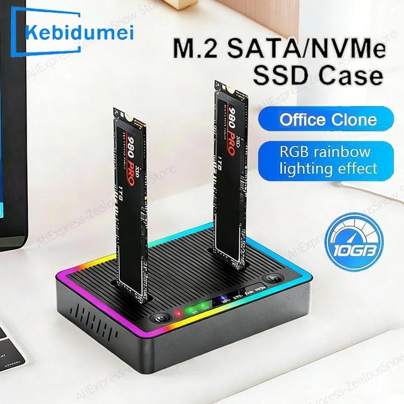 [Estoque Pronto] Dual-Bay M . 2 NVME/SATA SSD Clone Docking Station Offline Disco Rígido Duplicador USB GEN2 RGB Adaptad