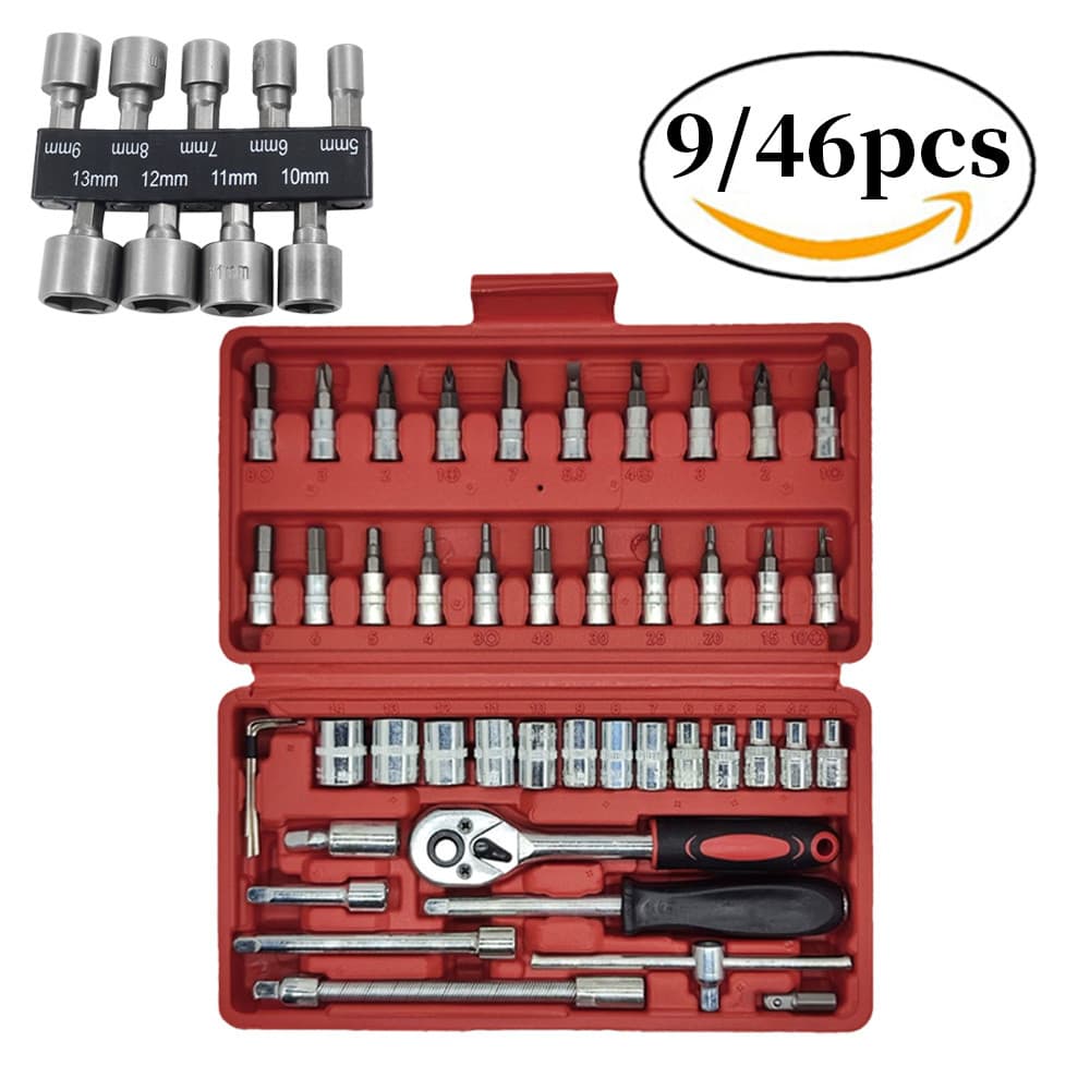 Kit De Ferramentas 9/46 Peças Jogo De Soquetes Chave Catraca Reversível Com Maleta Jogo De Ferramentas