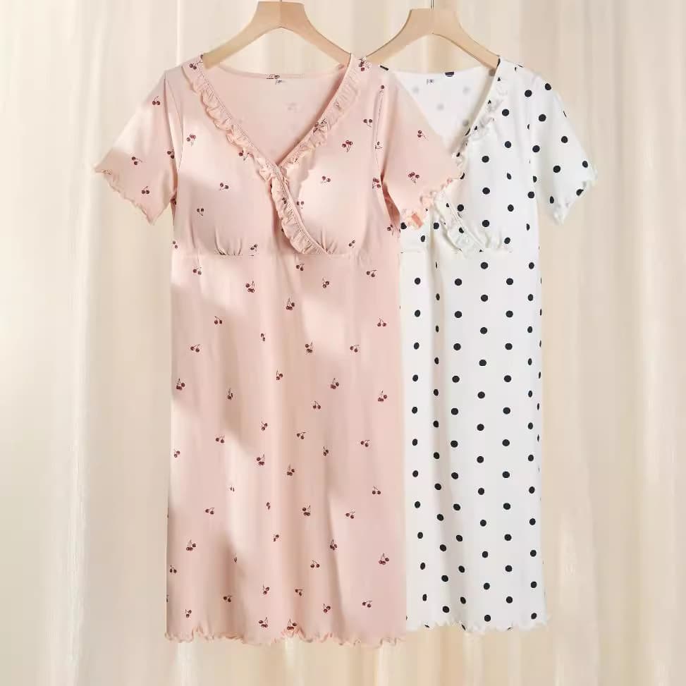 88123 Camisola de maternidade feminina de algodão puro com almofada no peito, pijama fino de manga curta para amamentaçã