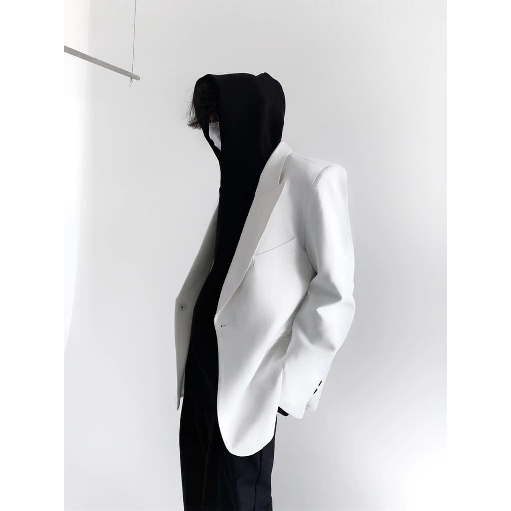 Blazer masculino de alta qualidade, elegante e moderno, branco, com lapela e ombreiras, estilo coreano, casual, solto e 