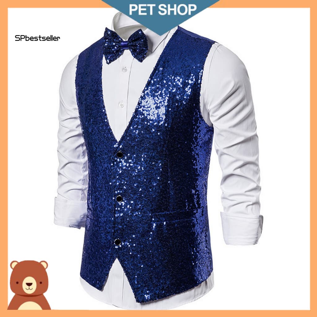 Men Polyester Suit Vest Comfortable Sleeveless for Men's Sequin Bow Tie Set Slim Fit Waistcoat Single-breasted V-neck St