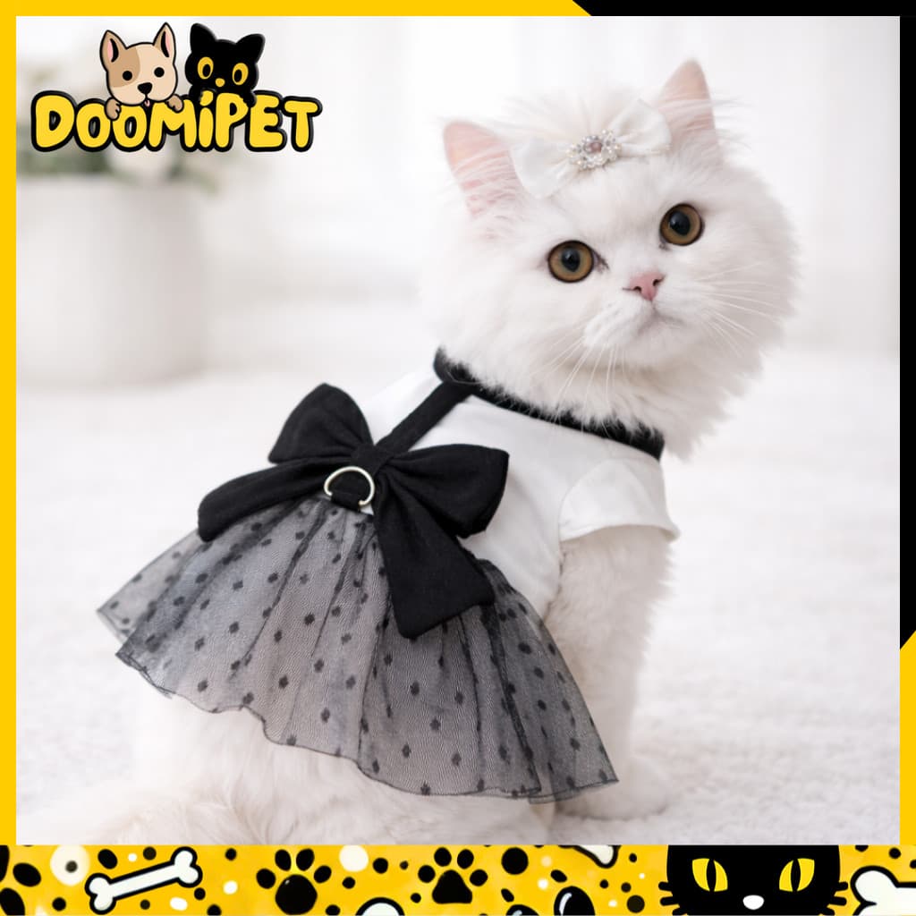 Vestido Elegante com Laço Preto para Pets – Gatos e Cães