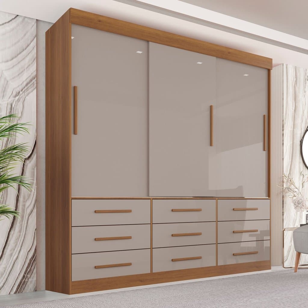 Guarda Roupa Casal 3 Portas 9 Gavetas Luana  Cinamomo/Off White