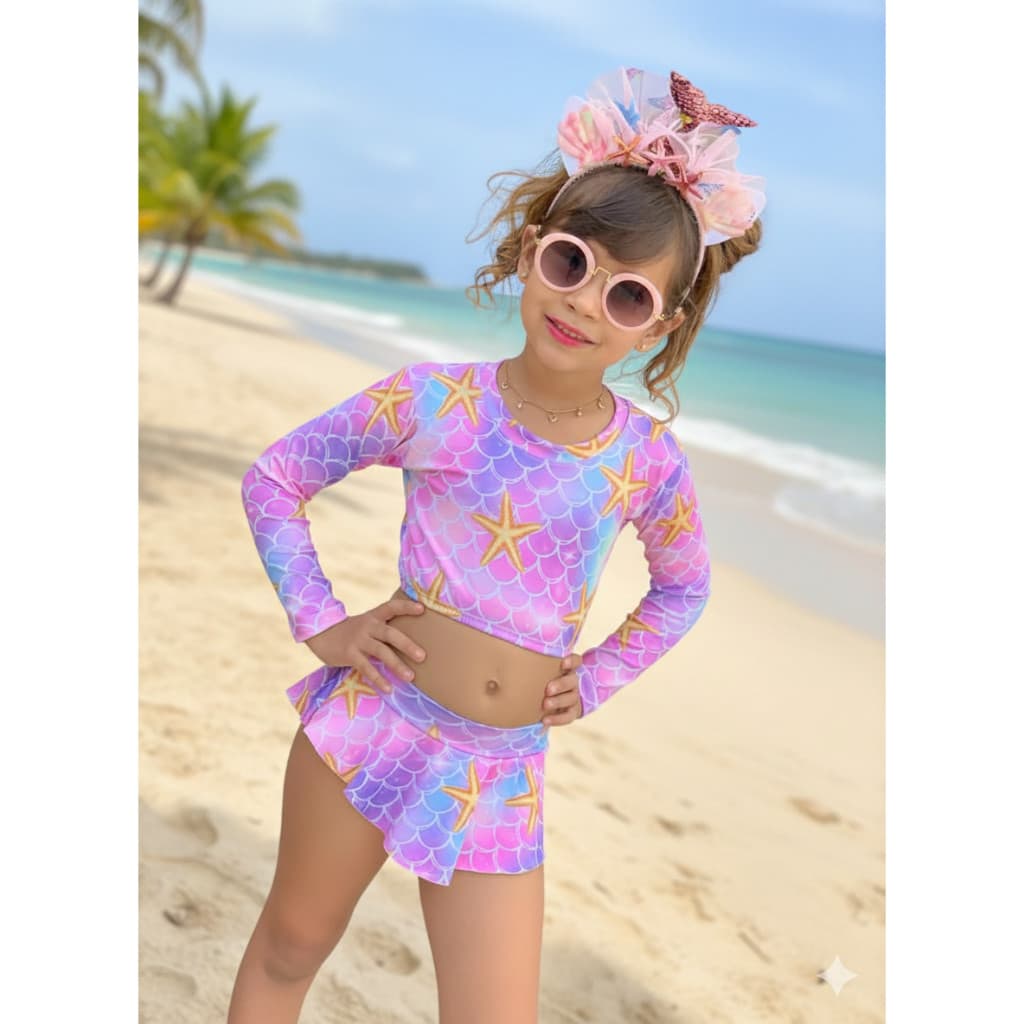 Biquini Infantil Menina Juvenil Cropped Manga Longa Praia Piscina Proteção UV 1,2,4,6,8 e 10 Anos