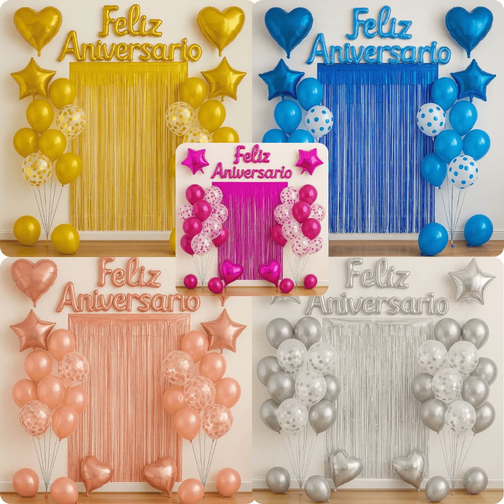 Kit Decoração de Festa Completa – Balões Metalizados, Cortina e Feliz Aniversário