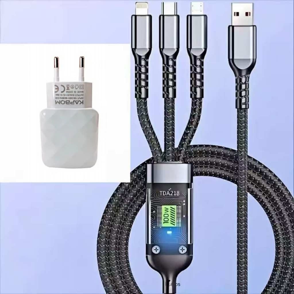 Cabo de carregamento rápido 3 em 1 de 100W, cabo trançado durável, compatível com iPhone e Android Tipo C