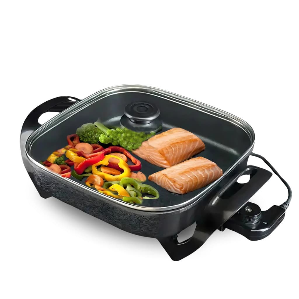 Panela Elétrica Mangiare Antiaderente 30cm Quadrada 127V 220V 1500W Agratto Preto Tampa de Vidro Cozinha Legumes Carnes