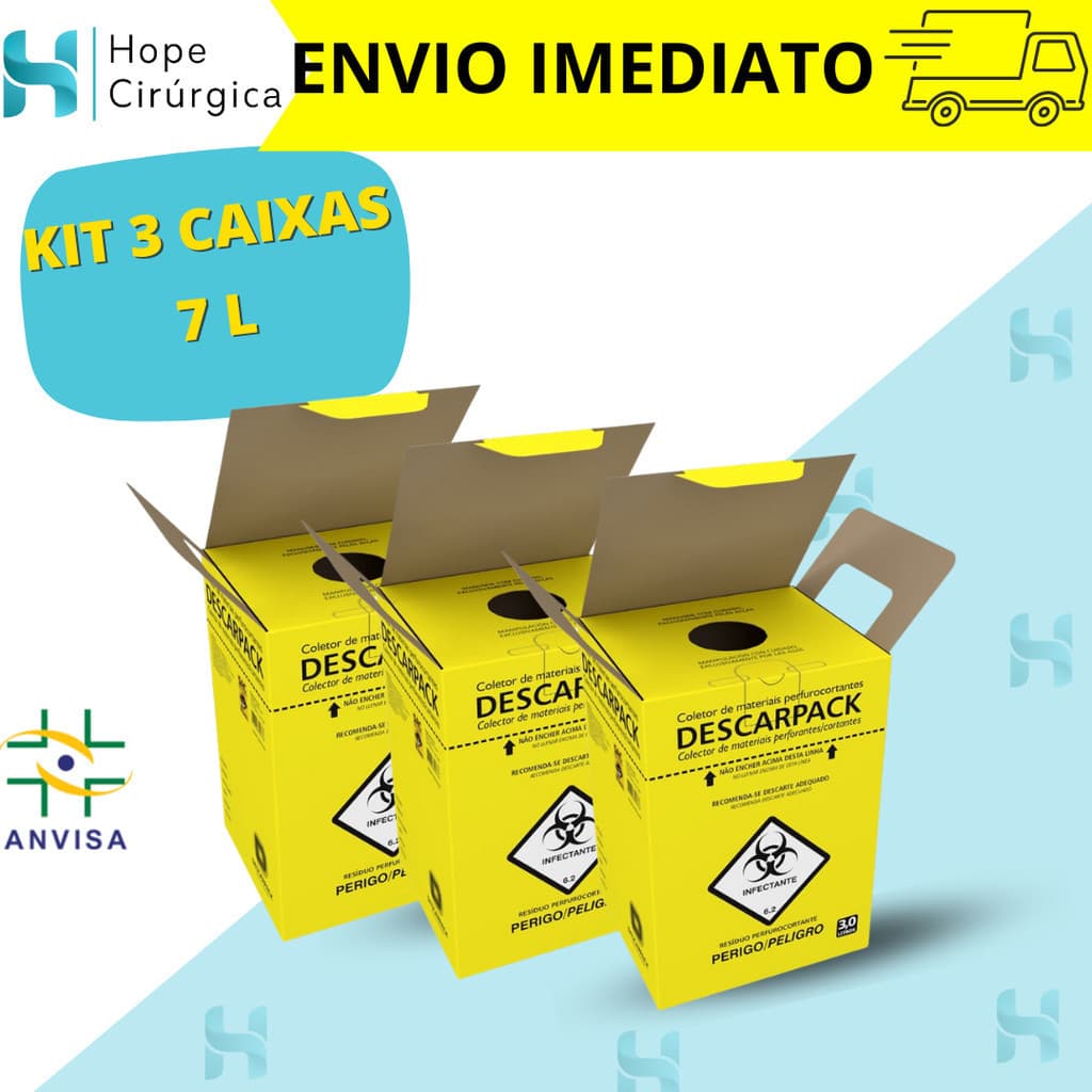 KIT 3 CAIXAS Descarpack - Caixa Perfuro Cortante Coletor (07-Litros)