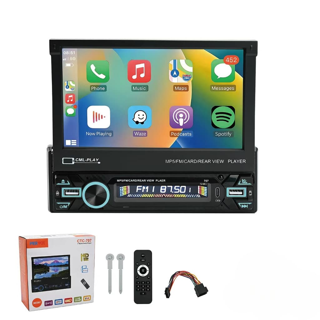 Central Multimídia 1 DIN 7” Retrátil Bluetooth GPS USB Câmera de Ré MP5 CarPlay