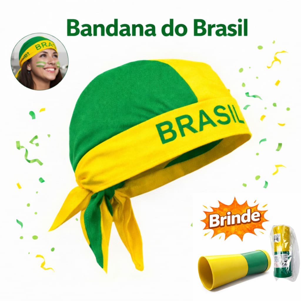 Bandana do Brasil verde e Amarela + Corneta Seleção
