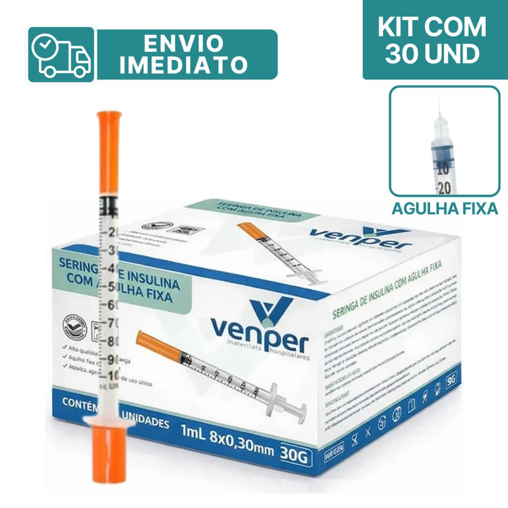Kit com 30 - Seringa de Insulina Botox 1ml 8x0,30 30g 100UI com Agulha Fixa - Envio Imediato