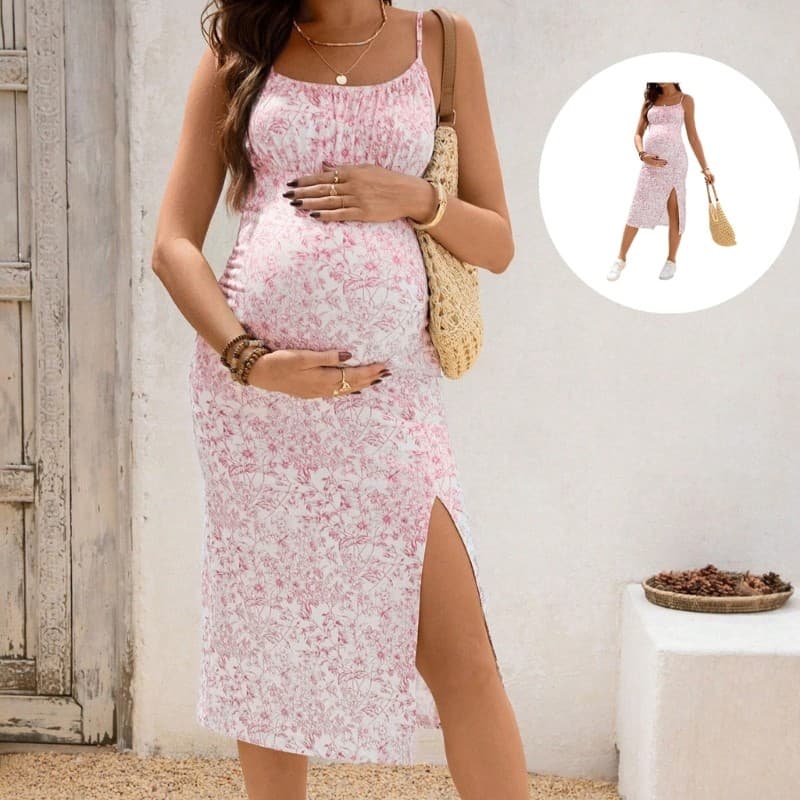 WRC Feminino Dividido Na Coxa Alça Espaguete Bodycon Cami Midi Vestido De Maternidade Estampa Floral Roupas De Férias