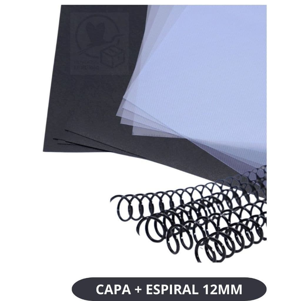 Capas Encadernação A4 Cristal + Preta Couro 100un + Espiral 12mm Kit Completo Escolar