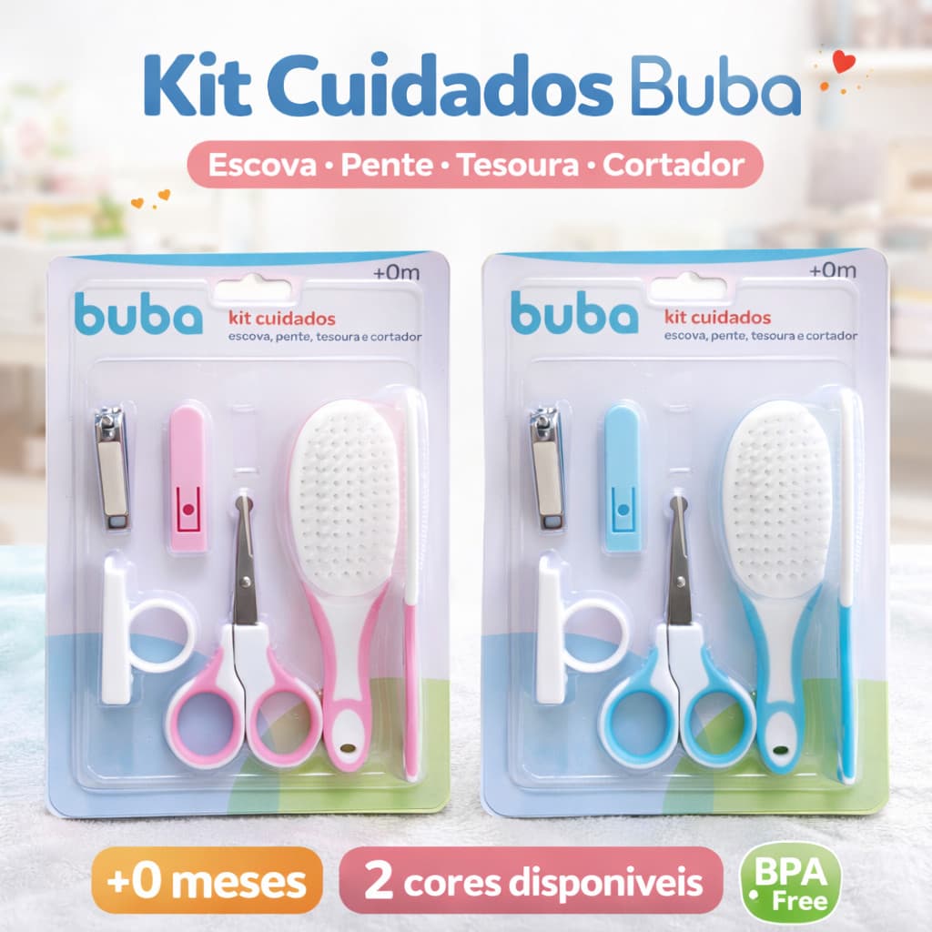 Kit Buba Cuidados Bebe Tesoura Pente Escova e Cortador de Unha