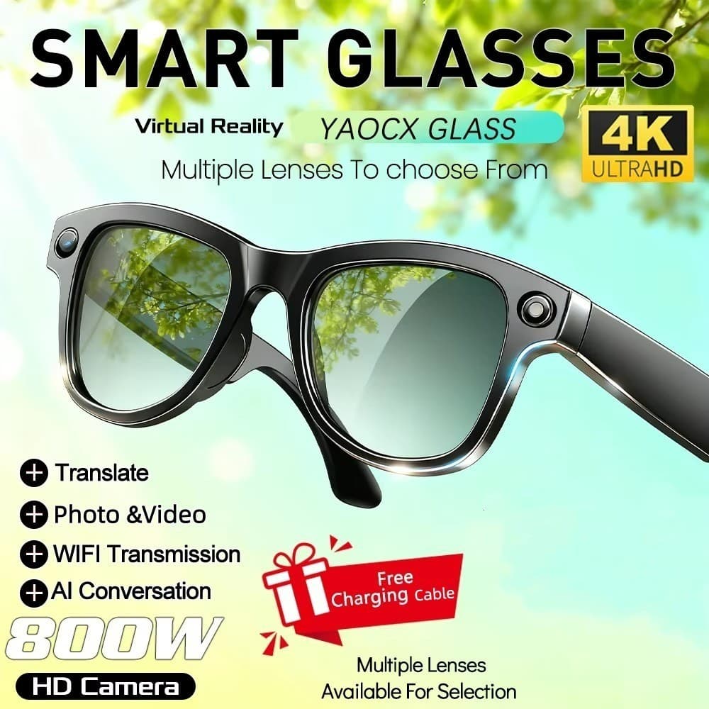 AI Óculos Inteligentes 4K HD Vídeo 800W Câmera WiFi Transferência Bluetooth Chamada Assistente De Voz Chat GPT 360mAh Ca
