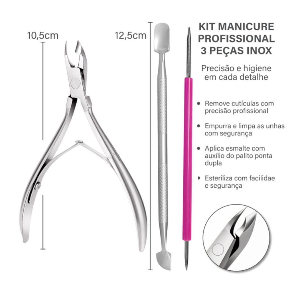 Alicate de cutícula + espatula + palito inox manicure 3 itens. Usar amolecedor de cutícula e esmalte