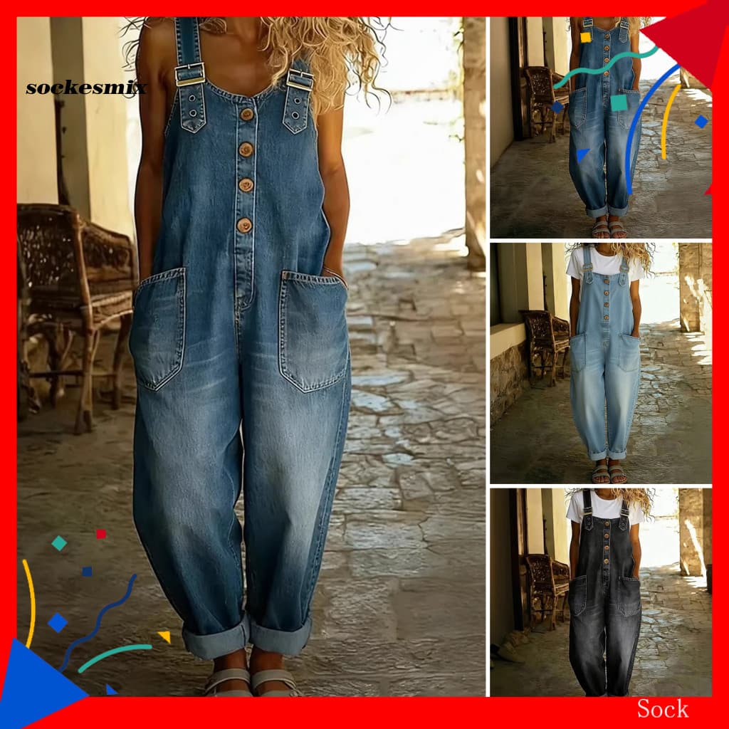 Bib Pants Women’s Denim Overalls Jumpsuit – Vintage Button Front Wide Leg Jeans Adjustable Straps Loose Fit Rompers 