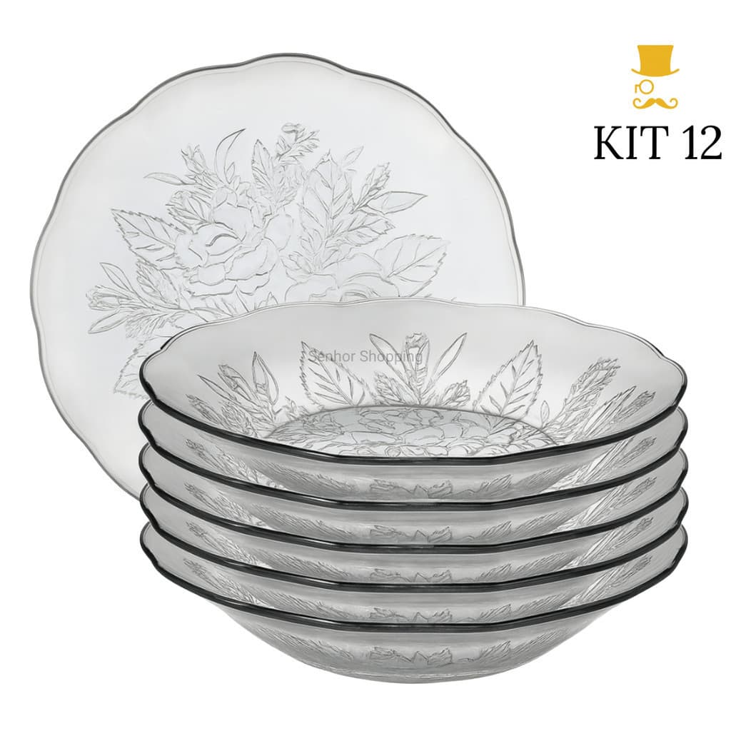 Jogo De Pratos Vidro Fundos 4 a 12 Peças Em Vidro Transparente Para Almoço/ Jantar Bem Embalado