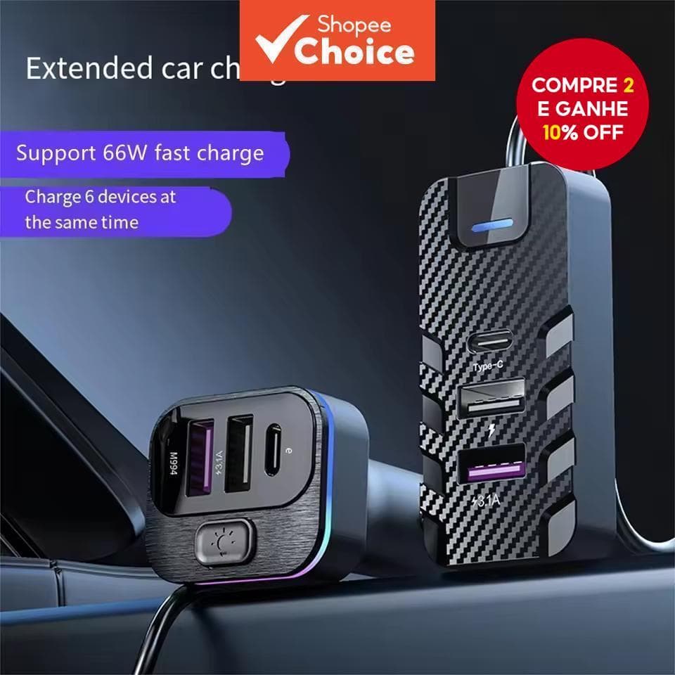  Carregador de carro 6 em 1 PD QC3.0 Carregamento rápido USB C para iPhone, Samsung Galaxy, iPad Pro, Adaptador