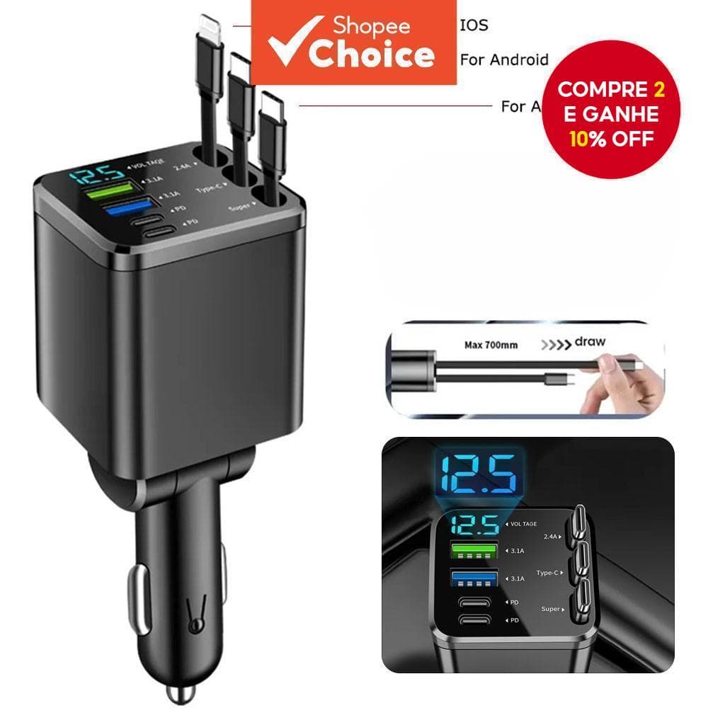 Carregador De Carro PD30W Adaptador De Isqueiro Display De Tensão Com Cabo Retrátil Rápido 22.5W Para IOS Android