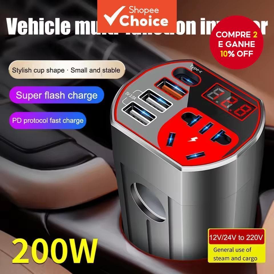  Carregador Universal para Carro 200W Inversor, 12V/24V para 220V, Tomada de Energia Veicular com Carregamento Rápido