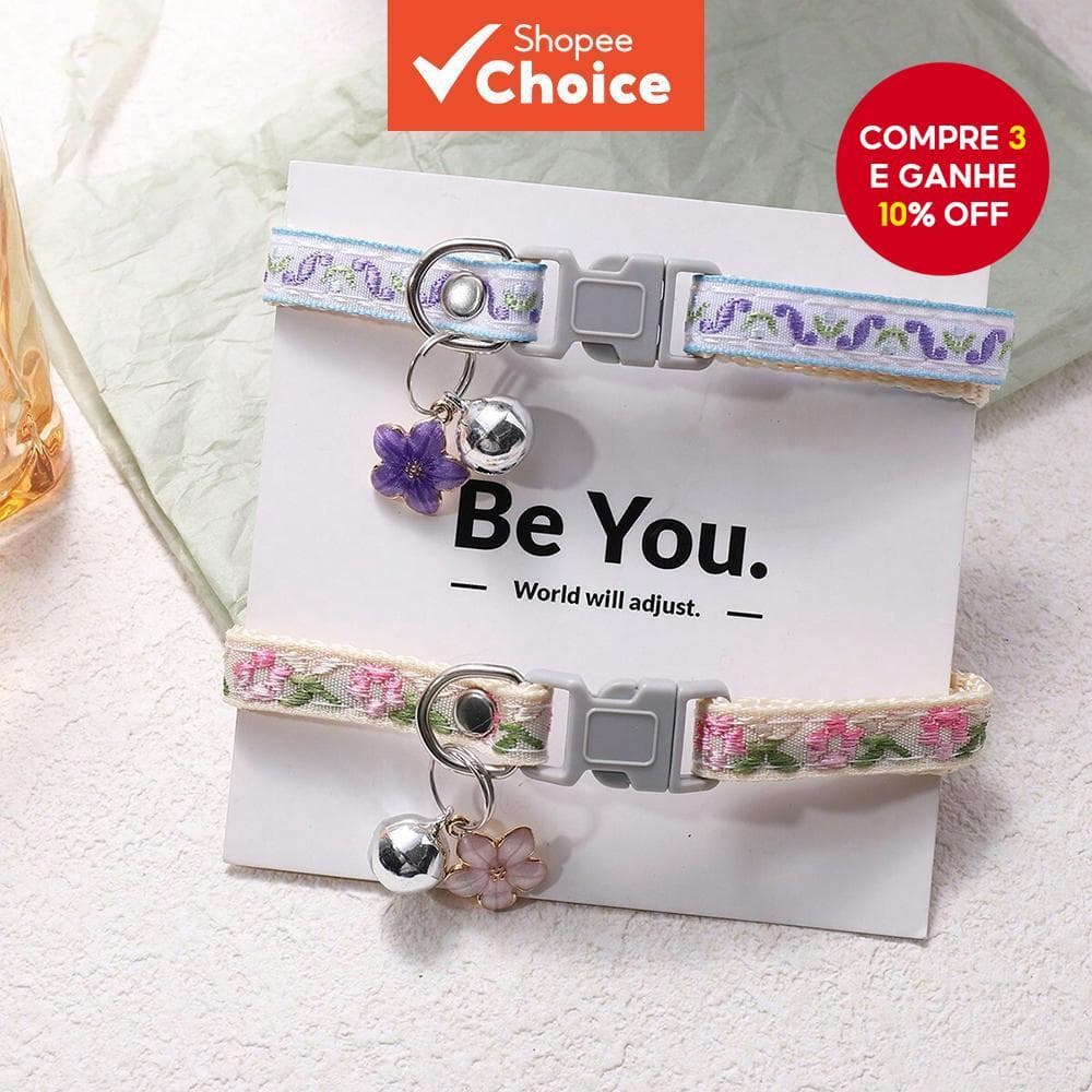  Coleira ajustável feita à mão com fita floral jacquard e sino, colar estilo boêmio para gatos e cães pequenos, presente