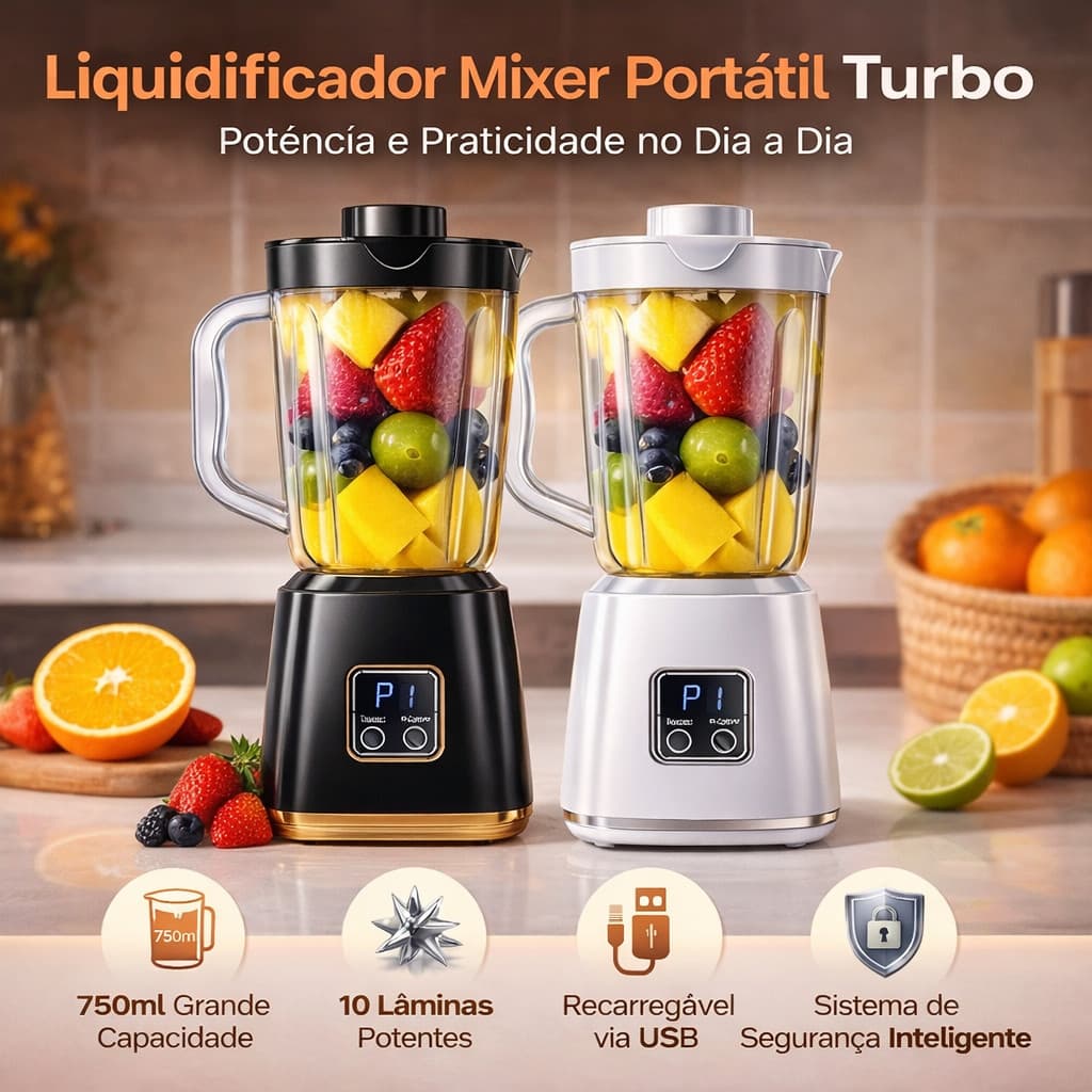 Liquidificador Portátil 600ml USB Recarregável – 10 Lâminas Turbo com Segurança Inteligente