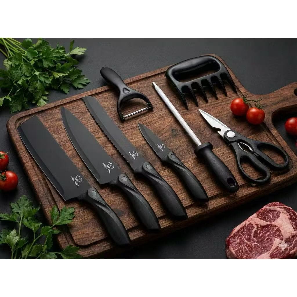Jogo KIT 8 peças Facas Descascador Tesoura Profissional Cozinha Gourmet Faca de Churrasco Profissional Antiaderente -PL