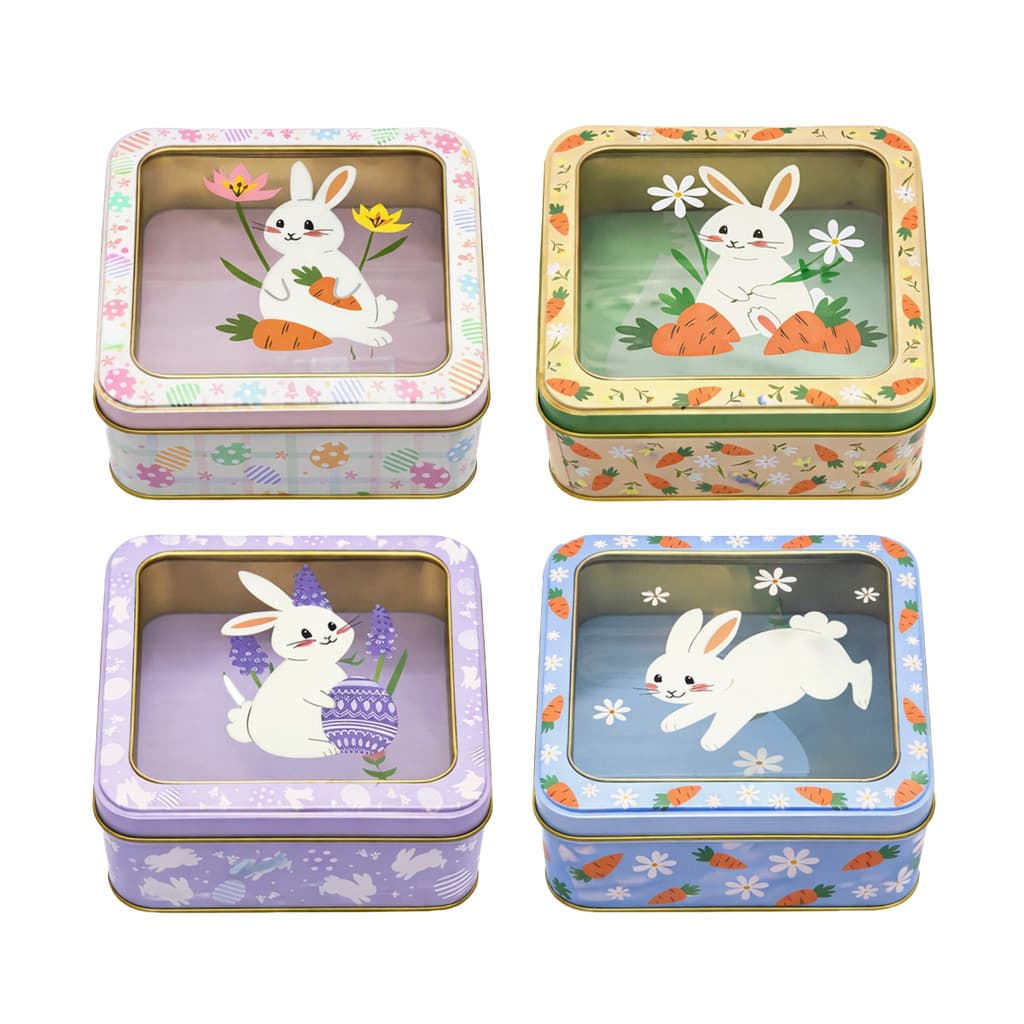 Kit 2 Caixas  de Páscoa Quadradas Coelho Em Metal Decoradas